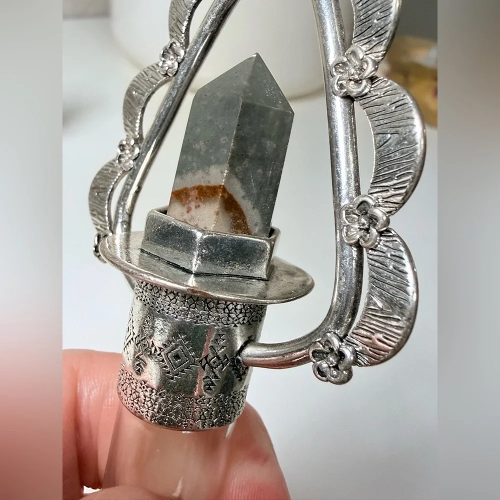 NWOT - Silver Floral Essential Oil Rollerball Necklace with Ocean Jasper Stone